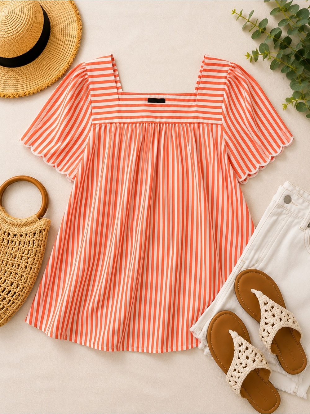 Talbots Petite Coral & White Stripe Puff Sleeve Blouse | MP